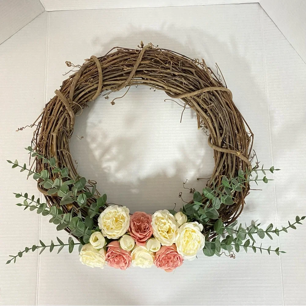 Grapevine Wreath Blush Ivory Flowers Eucalyptus Rustic Farmhouse Door Decor